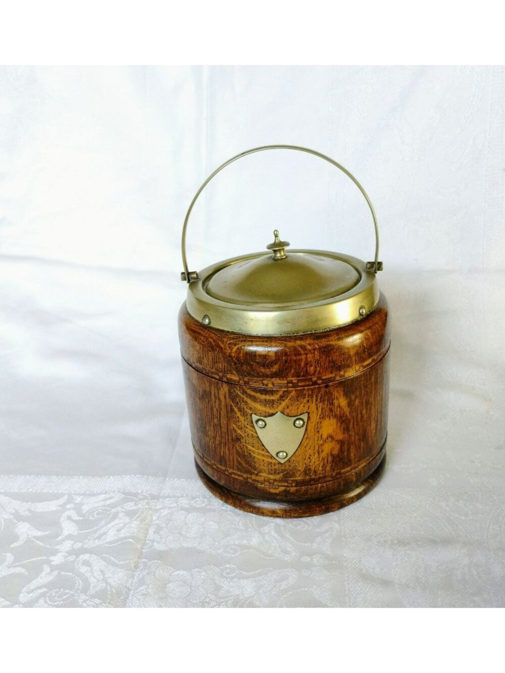 Antique English Oak Biscuit Barrel Cookie Jar Wood Vintage Ice Bucket Barware
